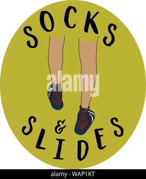 Socks and slides cartoon illustration background.Flat illustration legs of a man wearing striped socks and slides. Stock Vector