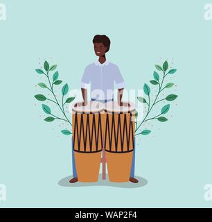 afro man playing bongos character Stock Vector