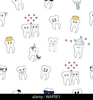 Funny cartoon tooth stickers seamless pattern. Isolated on white. Stock Vector