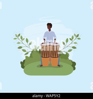 afro man playing bongos character Stock Vector