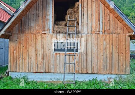 A mountain village wooden sawn timber barn with hay bales inside, a ladder in front and forest in the background Stock Photo