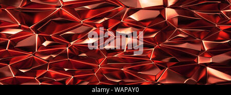 Abstract 3D Background panoramic banner with reflective Red Crystal Ruby triangle ceiling pattern. Stock Photo