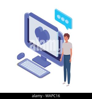 man with desktop computer screen and email notifications Stock Vector