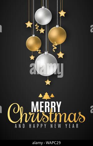 Poster for Merry Christmas and Happy New Year. Christmas concept. Festive balls, golden stars and serpentine. Greeting card. Beautiful lettering. Vect Stock Vector