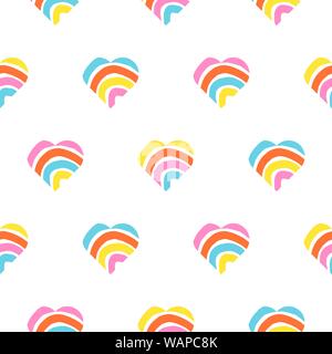 Rainbow striped heart seamless pattern. Rough lines rainbow repeating background vector texture. Stock Vector
