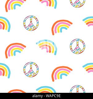 Seamless pattern with rainbow and peace symbol. Stock Vector