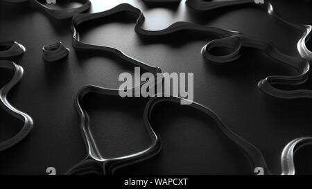 Abstract shapes design on reflective dark background with black metal 3d curved lines close-up view. Stock Photo