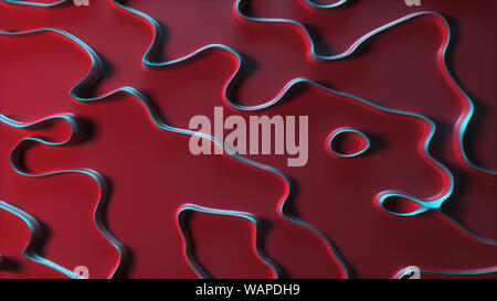 Abstract shapes design on red background with red blue 3d curved lines top view.