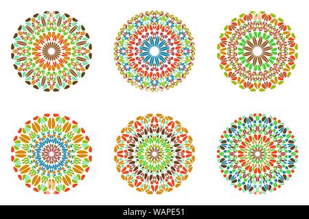 Round colorful flower mandala logo set - circular geometrical abstract vector graphics from stones Stock Vector