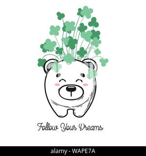 House plant in a pot with a muzzle of the animal. Cute bear face on the pot. Vector illustration Stock Vector