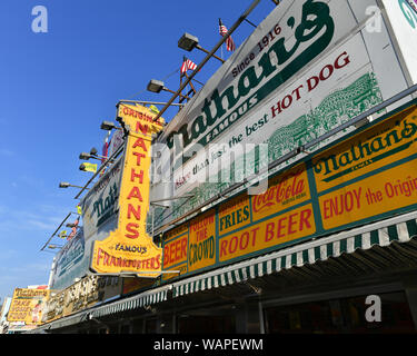 Original Nathan's Famous Hot Dogs at Coney Island located on Surf Avenue in Brooklyn, New York. Stock Photo