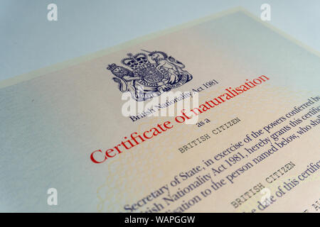 Official Certificate Of Naturalisation Awarded To New British Citizens 