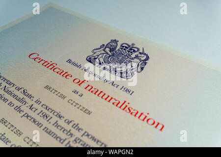 Official Certificate Of Naturalisation Awarded To New British Citizens Stock Photo Alamy