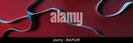 Abstract shapes design on red background with blue red 3d curved lines top view macro panoramic. Stock Photo