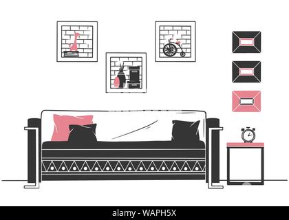 Interior in Scandinavian style. Part of the livingroom. Hand drawn vector illustration of a sketch style. Stock Vector