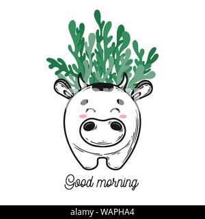 House plant in a pot with a muzzle of the animal. Cute cow face on the pot. Vector illustration Stock Vector