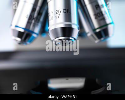 Medical testing, Microscope being used to view a sample in the lab. Stock Photo