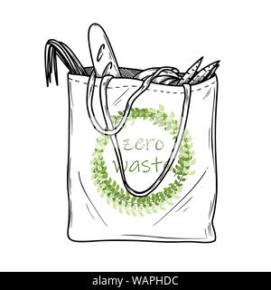 Sketch eco shopping bag isolated on white background. Zero waste. Vector illustration. Stock Vector