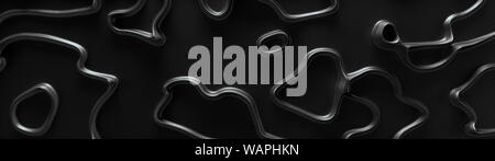 Abstract shapes design on reflective dark background with black metal 3d curved lines top view panoramic. Stock Photo