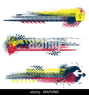 Three different grunge tire track banners with color ink blots elements isolated on white wallpaper Stock Vector