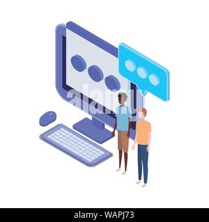 men with desktop computer screen and email notifications Stock Vector