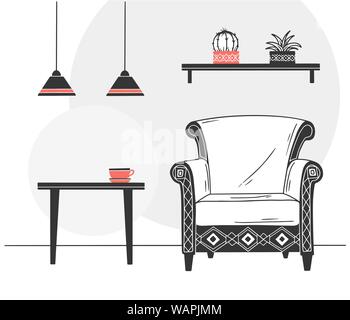 Interior in Scandinavian style. Part of the room. Hand drawn vector illustration of a sketch style. Stock Vector