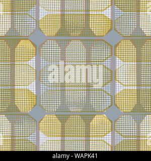 Sophisticated geometric hexagon design with offset waffle textures. Seamless retro vector pattern in pastel blue and yellow. Handprinted feel. Great Stock Vector