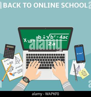 Back to online school flat design vector illustration concept Stock Vector