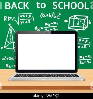 Laptop with blank screen on table, on green blackboard background with formulas Stock Vector