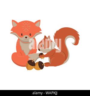 Cute fox and squirrel with nuts cartoons Stock Vector