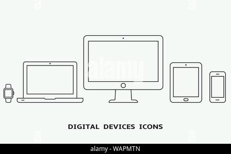 Vector set of outline device icons. Monitor, laptop, tablet pc, smartphone and smart watch Stock Vector