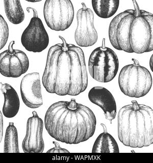 Different natural vegetables seamless pattern. Hand drawn halloween background. Retro food illustrations Stock Vector