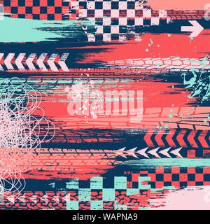 Three color grunge elements tire tracks background Stock Vector