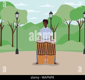 afro man playing bongos character Stock Vector