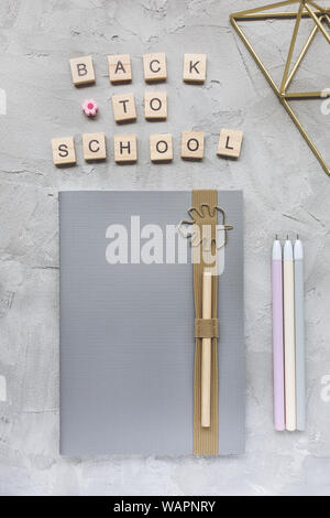 Words BACK TO SCHOOL, notebook, pencil and pens on a gray background. Education or studying concept, flat lay, top view, social media hero header temp Stock Photo