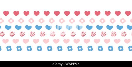 Seamless border with hearts and flowers. Hand drawn vector illustration. Folk art repeating border. Childish simple border in blue and pink Stock Vector