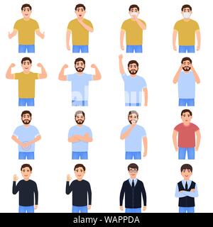 Men avatars icon set, guys with different moods, cartoon characters, people in everyday life vector illustration Stock Vector