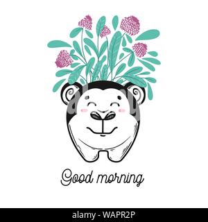 House plant in a pot with a muzzle of the animal. Cute monkey face on the pot. Vector illustration Stock Vector