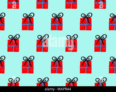 Seamless watercolor pattern with red wrapped christmas gift boxes. New year festive background. Template for fabric or wrapping paper print. Hand draw Stock Photo