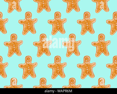Seamless watercolor pattern with brown christmas gingerbread men. New year festive background. Template for fabric or wrapping paper print. Hand drawn Stock Photo