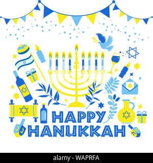 Jewish holiday Hanukkah greeting card traditional Chanukah symbols - wooden dreidels spinning top and Hebrew letters, donuts, menorah candles, oil jar Stock Vector
