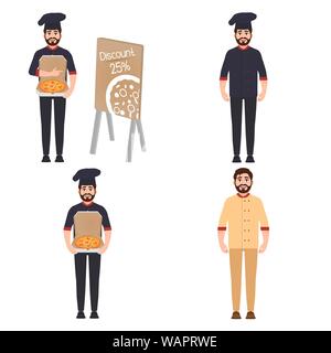Chef holds pizza, pizza maker sells pizza at a discount vector illustration in cartoon style Stock Vector