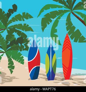 Beautiful marine landscape with colored surfboard - ocean, palm trees, sand coastline. Stock Vector