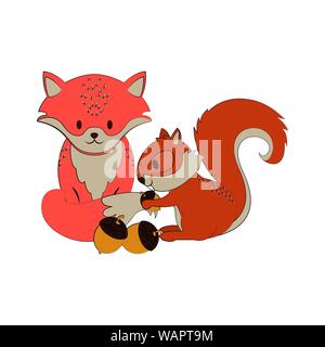 Cute fox and squirrel with nuts cartoons Stock Vector