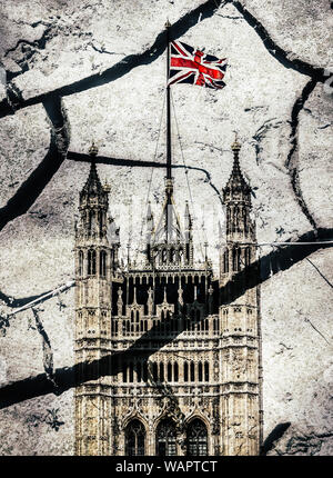 Houses of Parliament and Victoria Tower in London superimposed with cracks - disorderly Parliament and Brexit theme with selective colouring Stock Photo