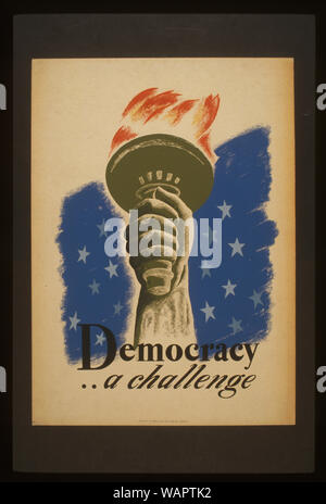 Democracy .. a challenge Abstract: Poster for democracy showing the hand and torch of the Statue of Liberty. Stock Photo