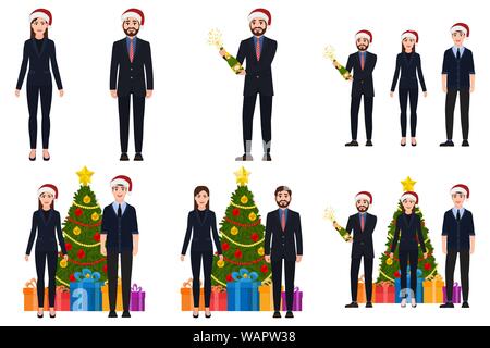 Man and woman stand near a Christmas tree icon set, people have fun and celebrate the New Year, the guy opens champagne, cartoon characters, vector il Stock Vector