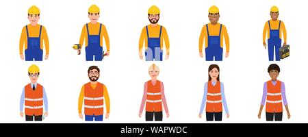 Men and women builders avatars, people dressed in building uniforms icon set, characters in cartoon style, worker holds a drill, hammer and a toolbox Stock Vector