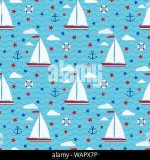 Marine cute vector seamless pattern with sailboat, stars, clouds, anchor, lifebuoy on the background of the sea with waves Endless texture Background Stock Vector