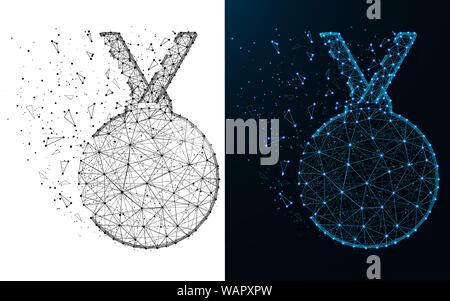 Medal low poly design, Reward abstract geometric image, prize place wireframe mesh polygonal vector illustration made from points and lines on dark bl Stock Vector